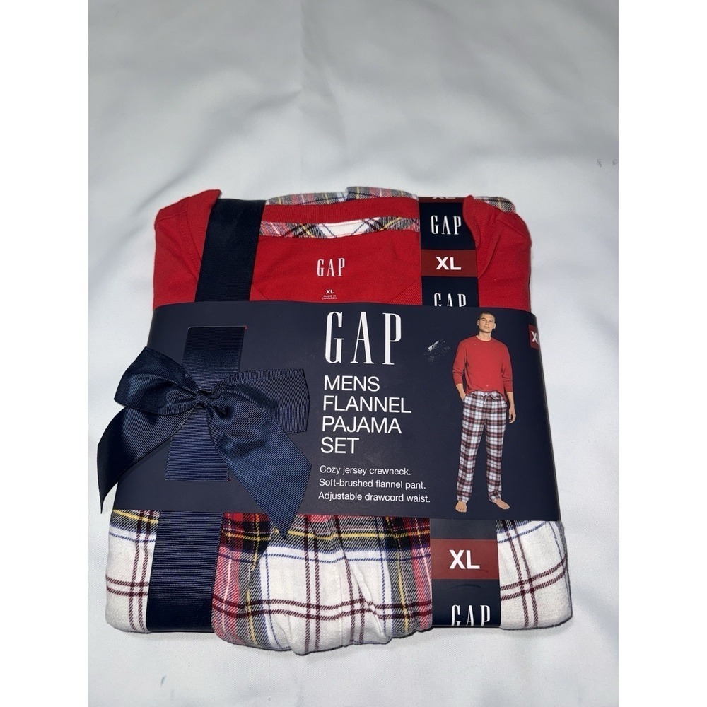 Gap Flannel Pajama Set Mens Size XL Plaid Crewneck Drawstring Stretch